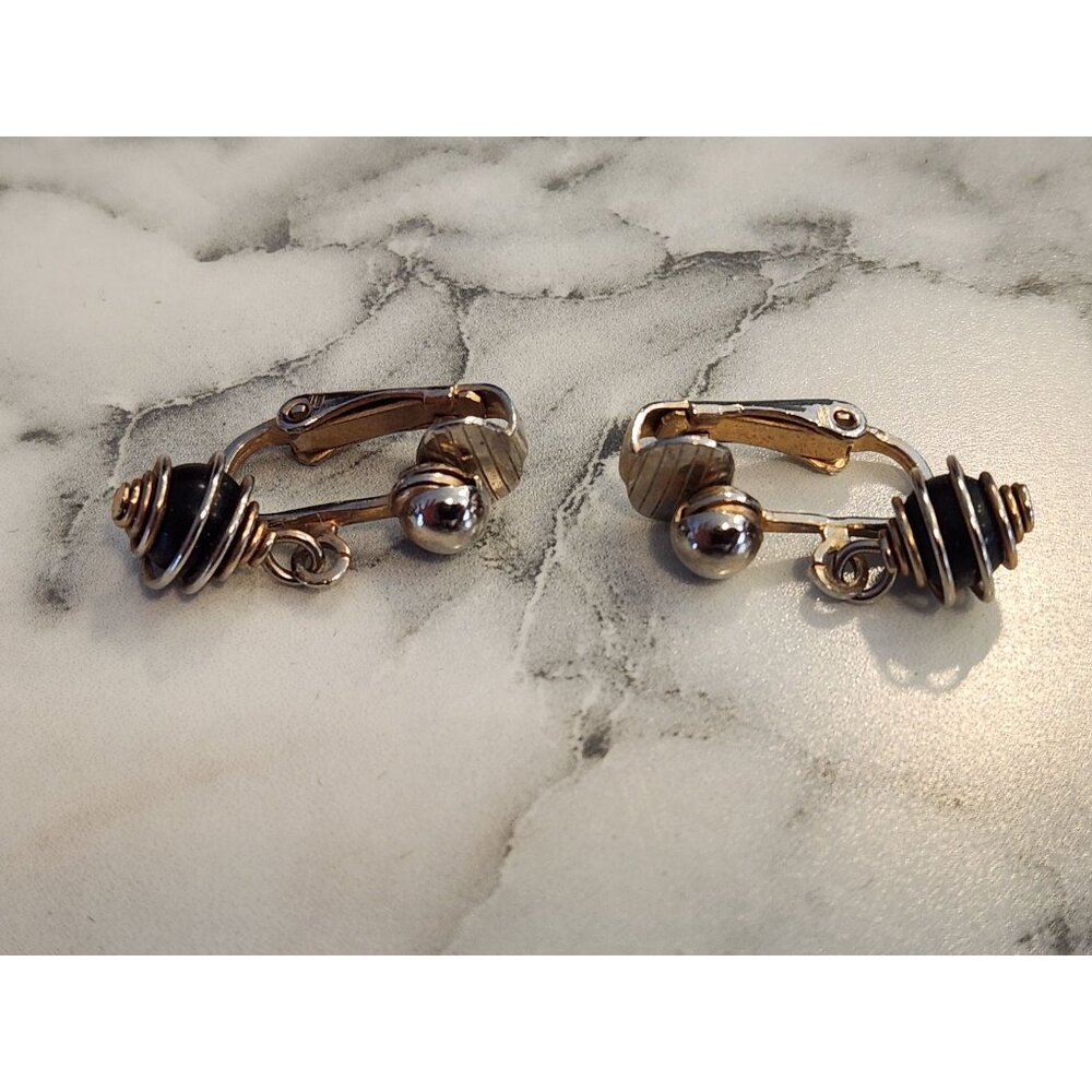 Vintage Black & Gold Tone Clip-On Earrings With Spiral & Bead Design